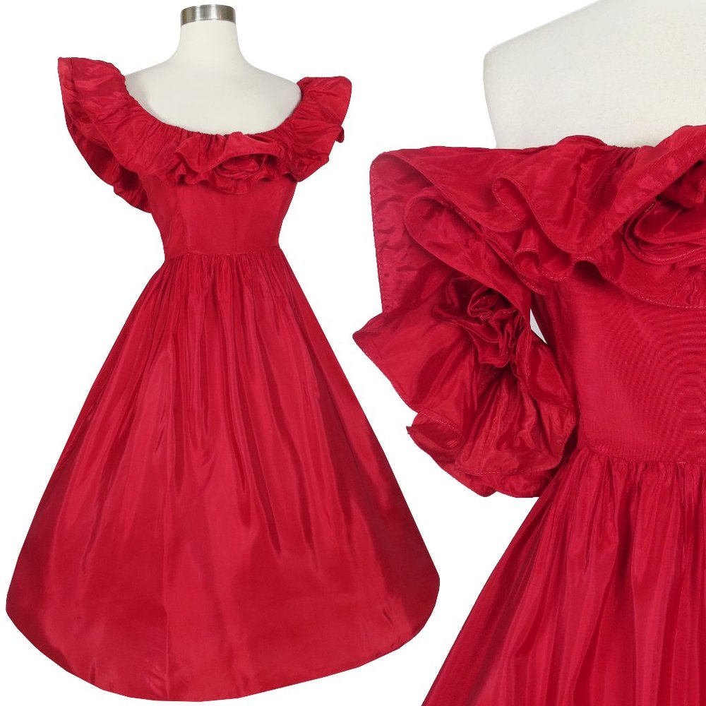 Vintage 80s Red Ruffle Rosettes Full Skirt Prom Party Dress XS